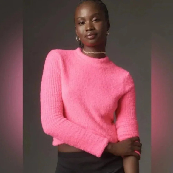 Anthropologie 90's Clueless Pink Retro Mock-Neck Fuzzy Sweater Size X-small - Picture 1 of 3